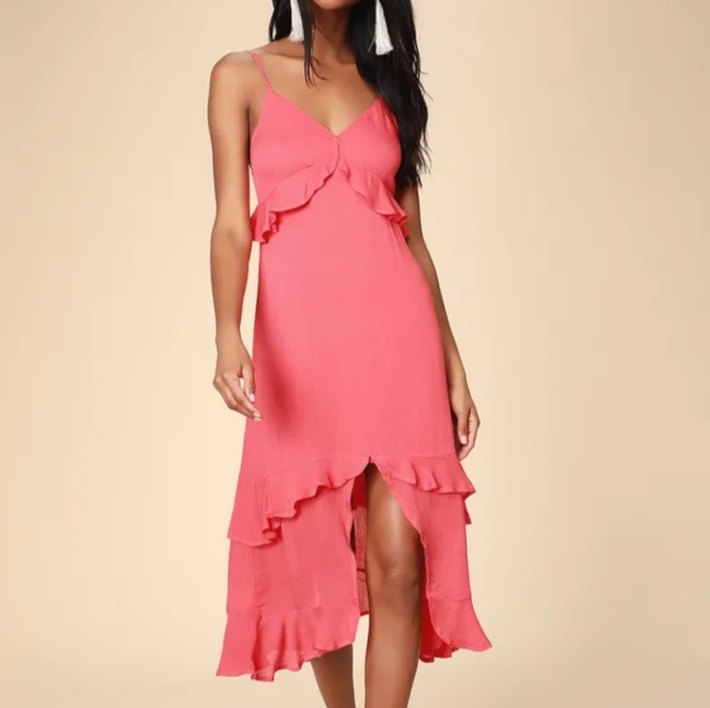 NEW Lulu's Island Time Coral Pink Gauzy Tiered Ruffle Womens Dress Size Small
